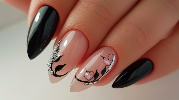 Mano elegante con unghie decorate con cristallo nero e rosa
