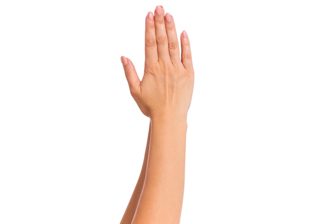 Mano femminile che mostra il segnale di stop con palmo isolato su sfondo bianco Bella mano di donna con spazio di copia