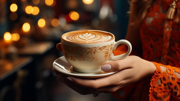 Mano femminile che mostra una tazza di caffè