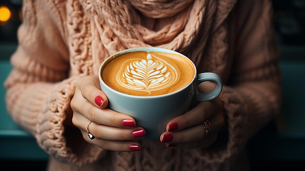 Mano femminile che mostra una tazza di caffè