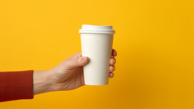 Mano femminile che tiene la tazza di carta bianca su sfondo giallo Portare via il concetto di tazza di caffè Mock up