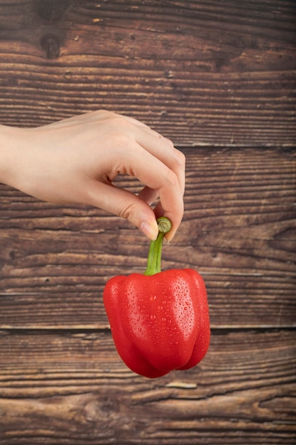 Mano femminile che tiene peperone dolce rosso su una superficie di legno