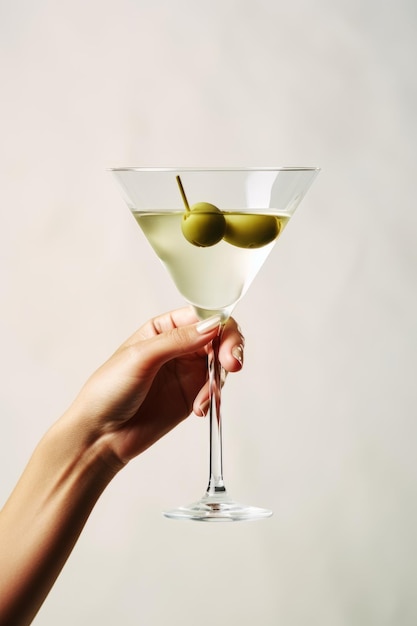 Mano femminile che tiene un bicchiere di martini con olive verdi su sfondo bianco