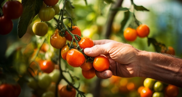 Mano femminile che tiene un mucchio di pomodori cherry maturi in una serra