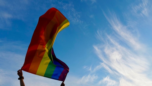 Mano femminile che tiene una bandiera di identità di genere LGBT su uno sfondo di cielo nuvoloso blu in una soleggiata giornata estiva ventosa durante la celebrazione di una parata gay La bisessualità o il giorno del coming out