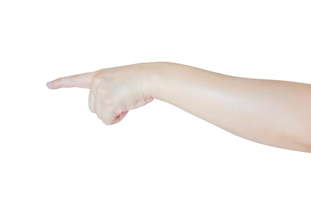 mano femminile che tocca o indica qualcosa di isolato su uno sfondo bianco