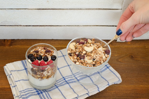 Mano femminile con cucchiaio, yogurt e muesli.