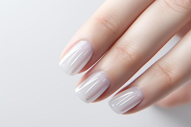 Mano femminile con disegno bianco delle unghie Manicure con smalto per unghie