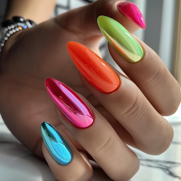 Mano femminile con unghie lunghe e manicure multicolore