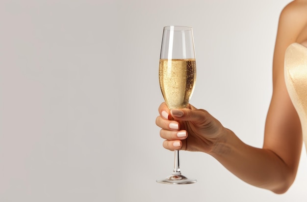 mano festiva di donna con flauti di champagne su sfondo chiaro con bokeh