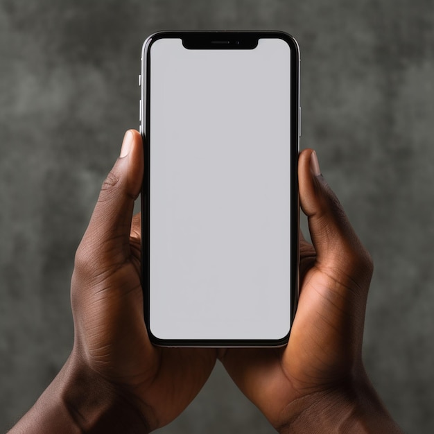 Mano generativa AI che tiene un telefono con uno schermo bianco nello stile semplice