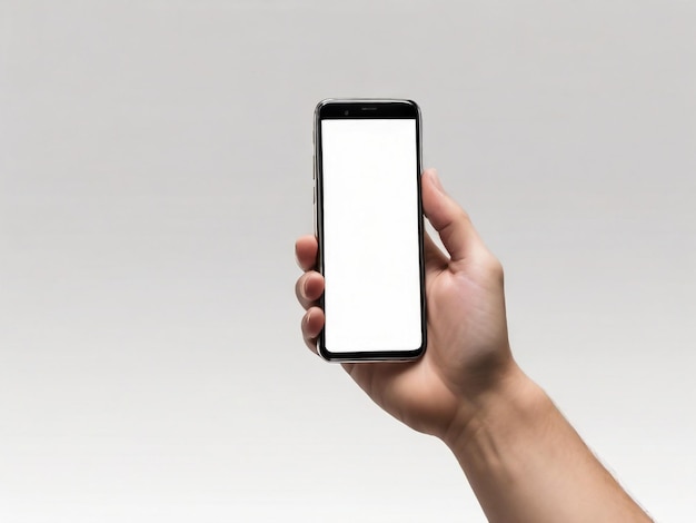 Mano maschile che mostra uno smartphone con un modello di schermo bianco vuoto