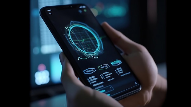 Mano maschile che tiene uno smartphone AI generato