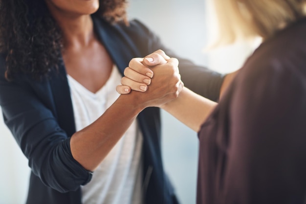 Mano nella mano nel viaggio del successo. Colpo ritagliato di due donne d'affari che si stringono la mano in segno di solidarietà al lavoro.