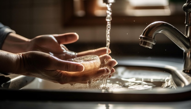 Mano pulita che versa acqua fresca nella ciotola generata dall'intelligenza artificiale