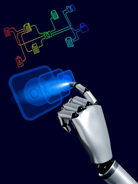 Mano robotica 3D che tocca l'icona digitale del pulsante ON che funziona con il concetto di tecnologia algoritmica