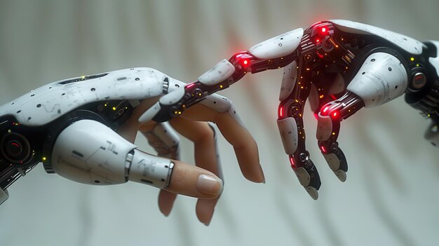 Mano robotica cyborg che indica la mano umana con il dito allungato creazione cyber la isolata su sfondo bianco PNG