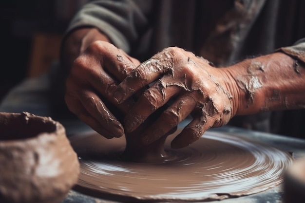 Mano sporca Mani di un artigiano che producono una ciotola di ceramica Donna che lavora sul tornio da vasaio Intelligenza artificiale generativa familiare