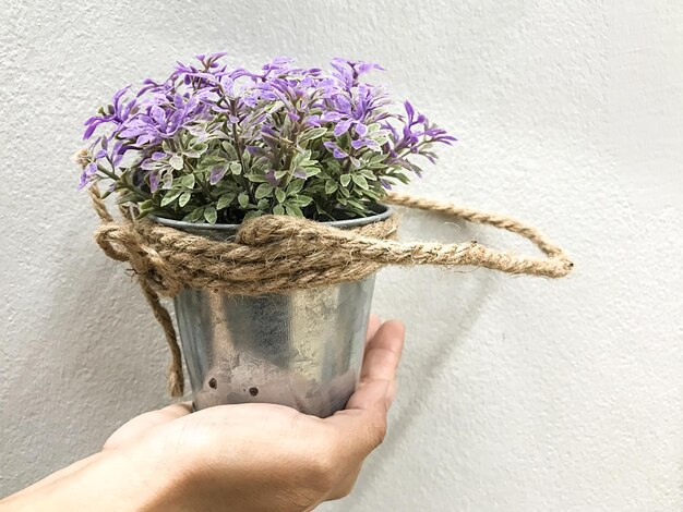 Mano tagliata che tiene un vaso di fiori contro la parete