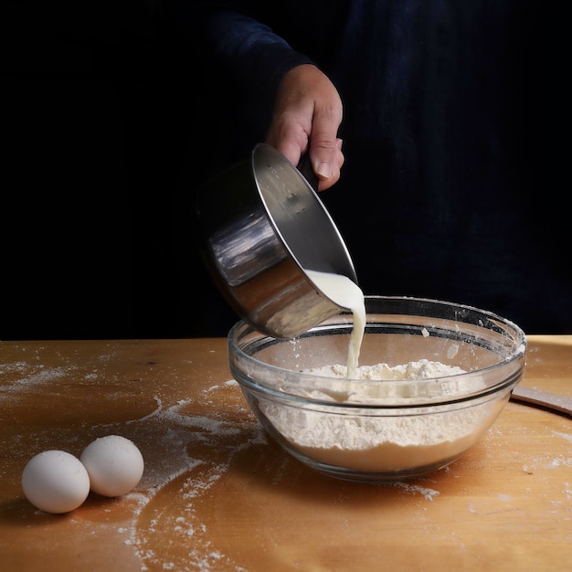 Mano tagliata che versa il latte in farina su tavola