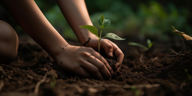 Mano umana che pianta un albero Concetto di giornata mondiale dell'ambiente IA generativa