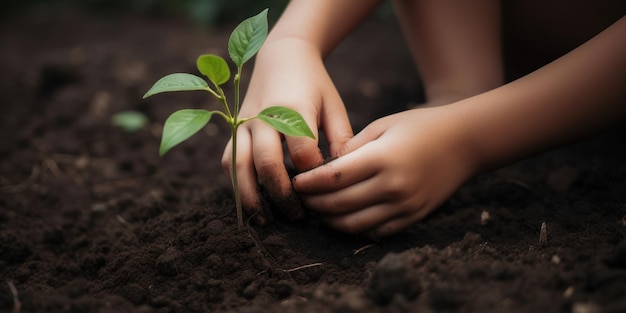 Mano umana che pianta un albero Concetto di giornata mondiale dell'ambiente IA generativa