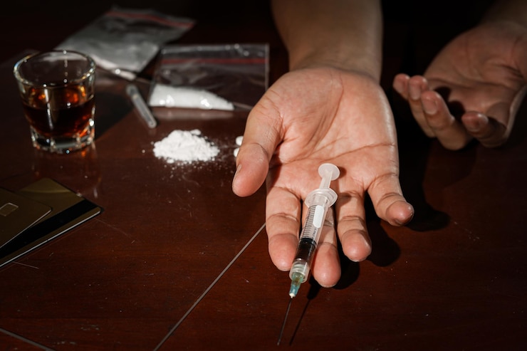 Foto mano umana di un tossicodipendente e siringa di narcotici sdraiata sul tavolo contro l'abuso di droghe