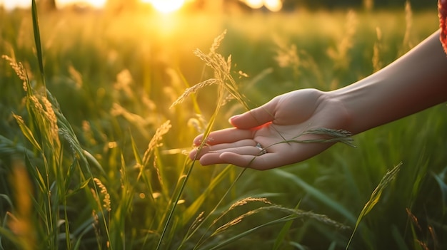 mano vuota vicino al grano verde e al tramonto