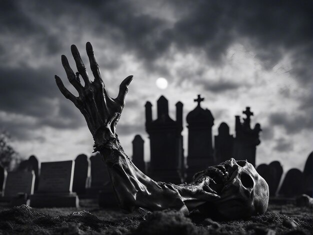 Mano zombie che esce dal cimitero