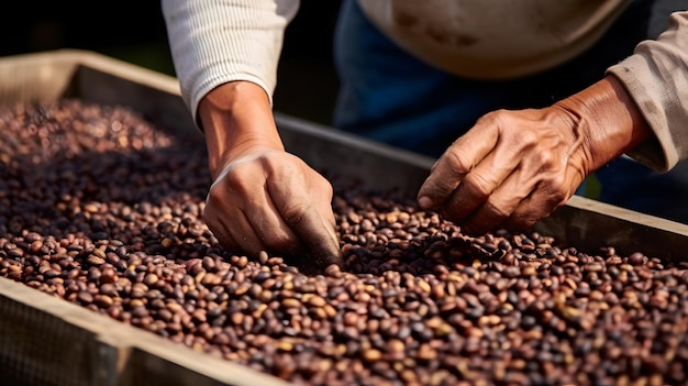 manos de trabajador en granos de café