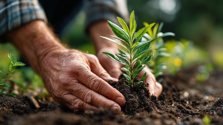 Manos sosteniendo plAntulas y tierra para plantar Arboles sobre un fondo verde que representan los c