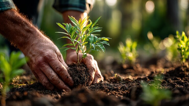 Manos sosteniendo plAntulas y tierra para plantar Arboles sobre un fondo verde que representan los c