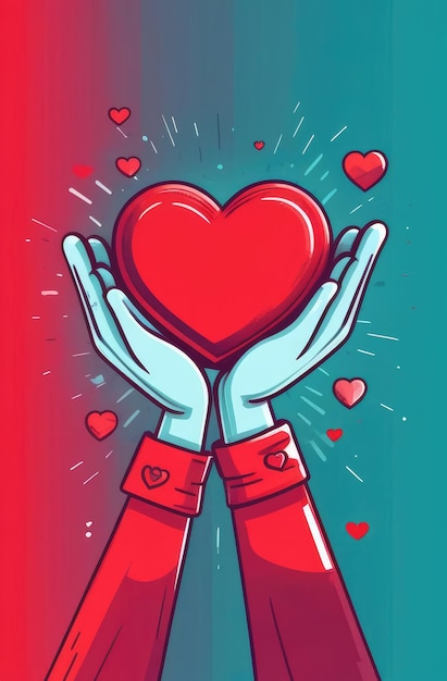 mans palme dando cuore rosso su sfondo blu amore romantico illustrazione San Valentino