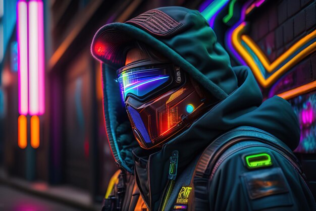 Mans portraitphoto scatto di qualità di una futuristica strada cyberpunk in stile neon illuminata generata da Ai