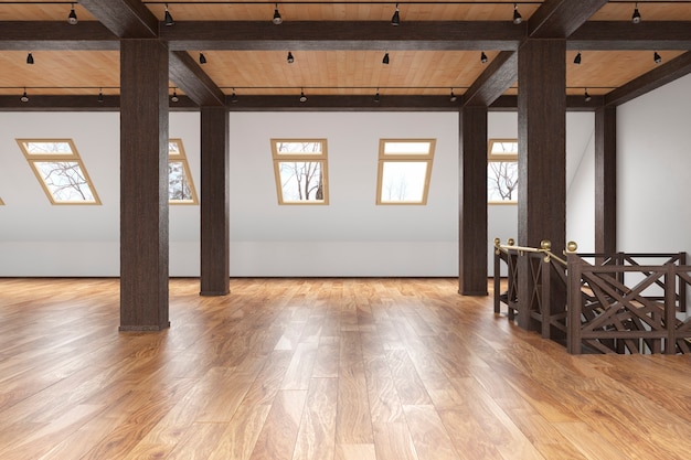 Mansarda open space vuoto interno con travi a vista, finestre, scala, pavimento in legno. Illustrazione di rendering 3D mock up.
