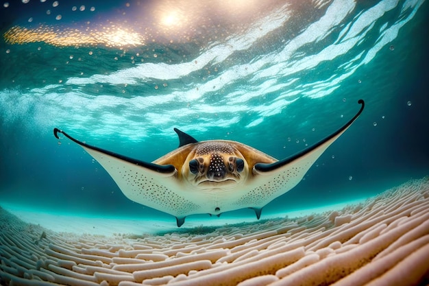 Manta che galleggia sul fondo sabbioso nell'oceano