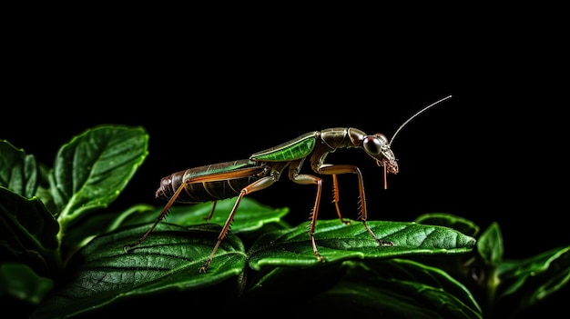 Mantide di preghiera su foglia verde Insetto appoggiato su fogliame vibrante in natura