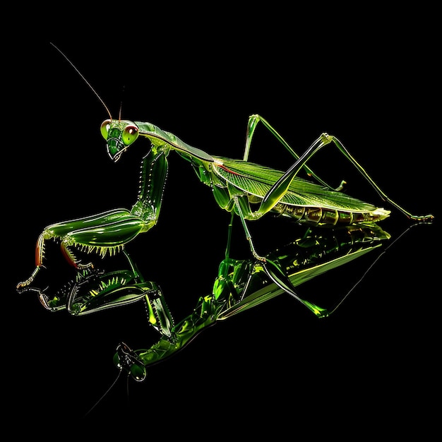 Mantis di preghiera con corpo lungo e gambe formate in materia oleosa Background Art Y2K Glowing Concept