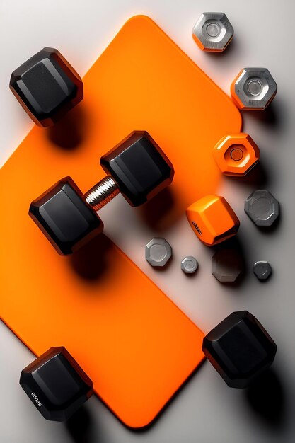 Manubri e tappetino fitness arancione isolati su sfondo bianco Composizione piatta