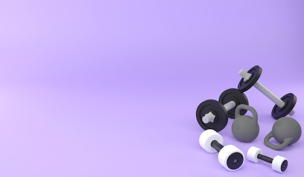 Manubrio 3D e kettlebell su sfondo viola Esercizio di rendering 3D per spazio di copia