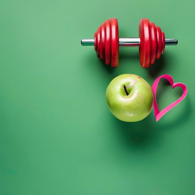 Manubrio a forma di cuore rosso e mela verde concetto sano e fitness