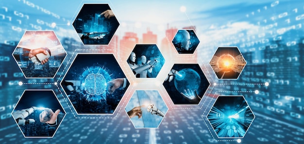 Manusia berinteraksi dengan robot NLP asisten virtual kecerdasan buatan AI