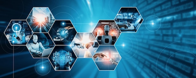 Manusia berinteraksi dengan robot NLP asisten virtual kecerdasan buatan AI