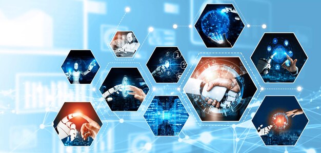 Manusia berinteraksi dengan robot NLP asisten virtual kecerdasan buatan AI