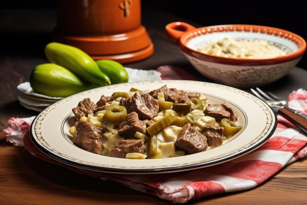 Manzo alla Stroganoff con cetriolini su piatto di ceramica