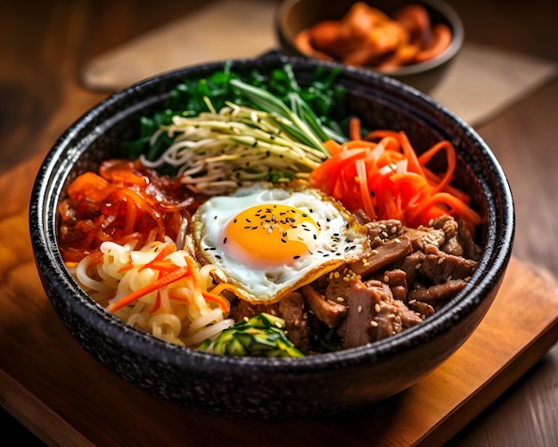 Manzo e verdure in un colorato e gustoso bibimbap Generative AI