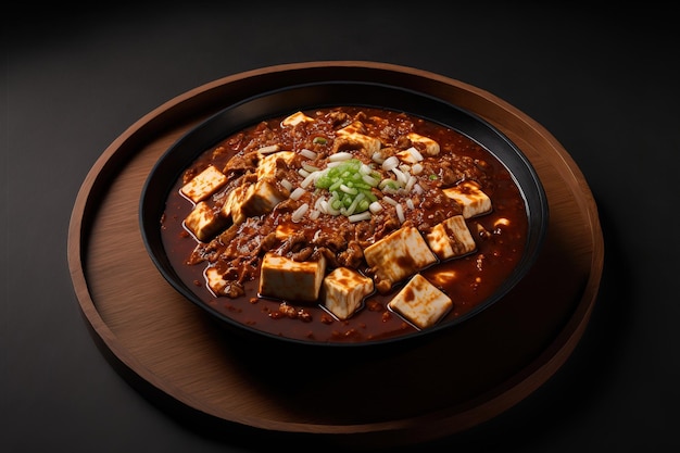 Mapo Tofu un tradizionale piatto cinese caldo piccante è presentato su un piatto di legno su uno sfondo nero