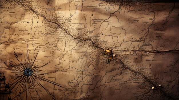 Mappa antica con bussola e tema di esplorazione del percorso