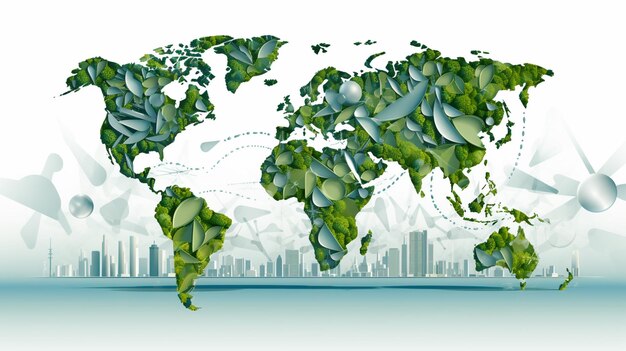 mappa arrafed del mondo con foglie verdi e edifici generativo ai