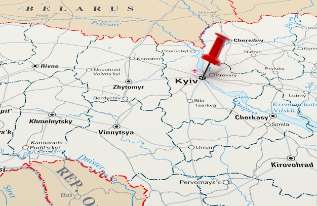 Mappa che mostra Kiev, Ucraina con un perno rosso. Rendering 3D